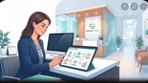 Современная иллюстрация интерфейса iOS приложения для автоматизации работы администратора в стоматологической клинике