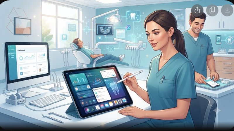 Современная иллюстрация интерфейса iOS приложения для автоматизации стоматологической клиники в футуристическом стиле 2026 года